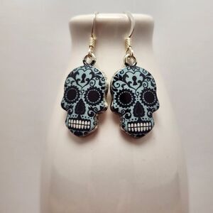 Sugar Skull Earrings Sterling Silver French Earwires Drop Dangle Colorful